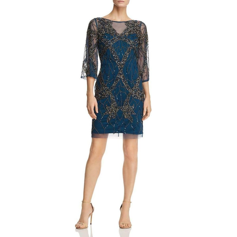 NWT Sz 6 AIDAN MATTOX beaded cocktail dress teal sequined tulle women's party